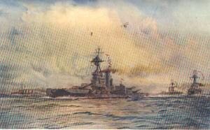 British Battleship HMS Benbow. Benbow fought at the Battle of Jutland 31st May 1916: picture by Lionel Wyllie. Click here to buy this picture.