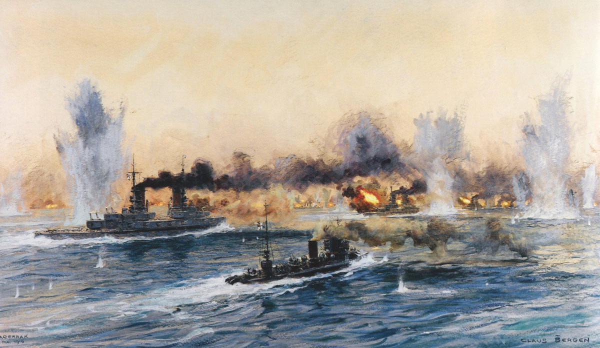 German Battleships and Destroyers advancing to the attack at the Battle of Jutland on 31st May 1916: picture by Claus Bergen