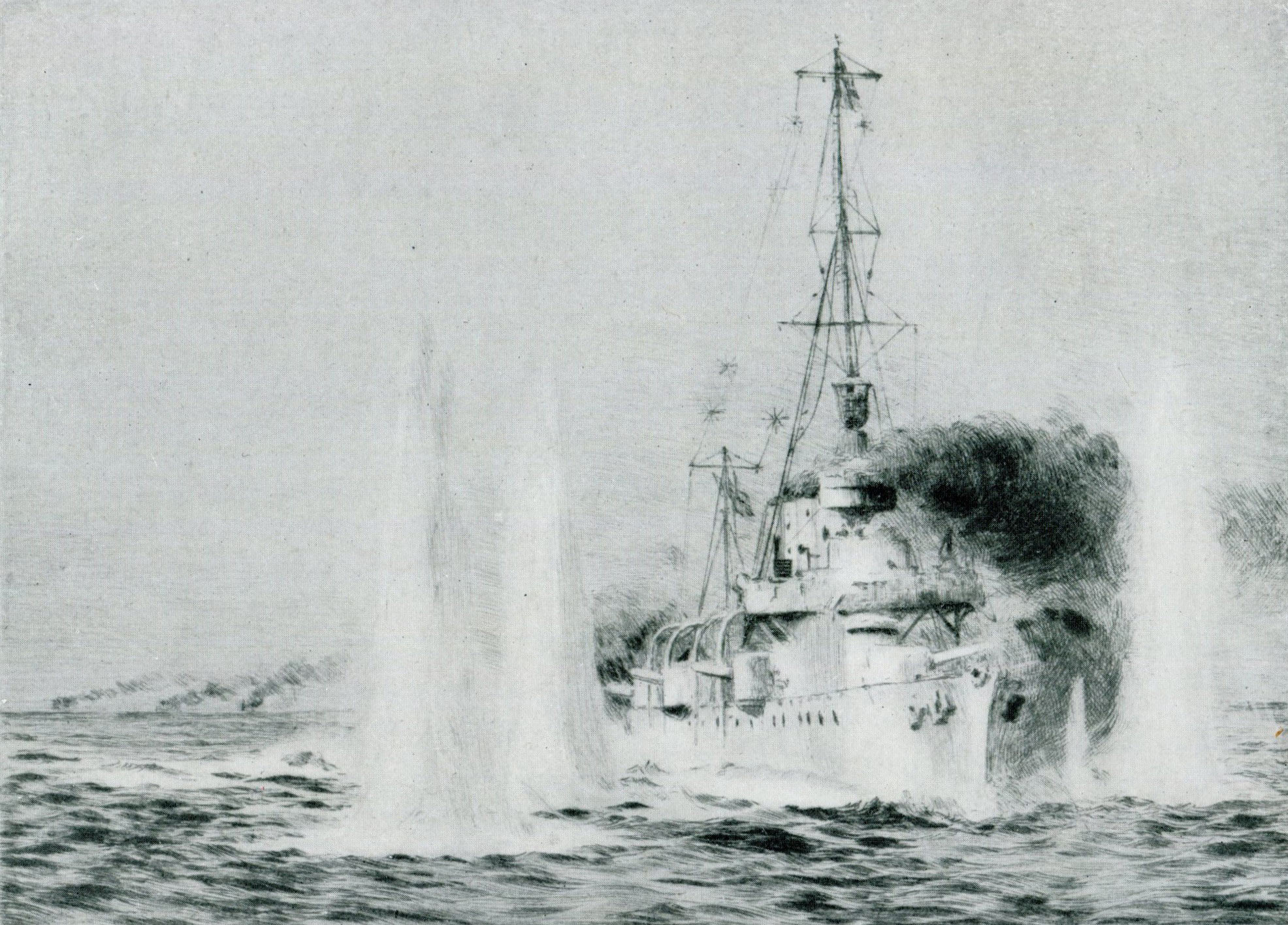 British Light Cruiser HMS Chester engages the German Light Cruisers at the Battle of Jutland 31st May 1916: First Class Boy Jack Cornwell was awarded a posthumous Victoria Cross for his conduct: picture by Lionel Wyllie