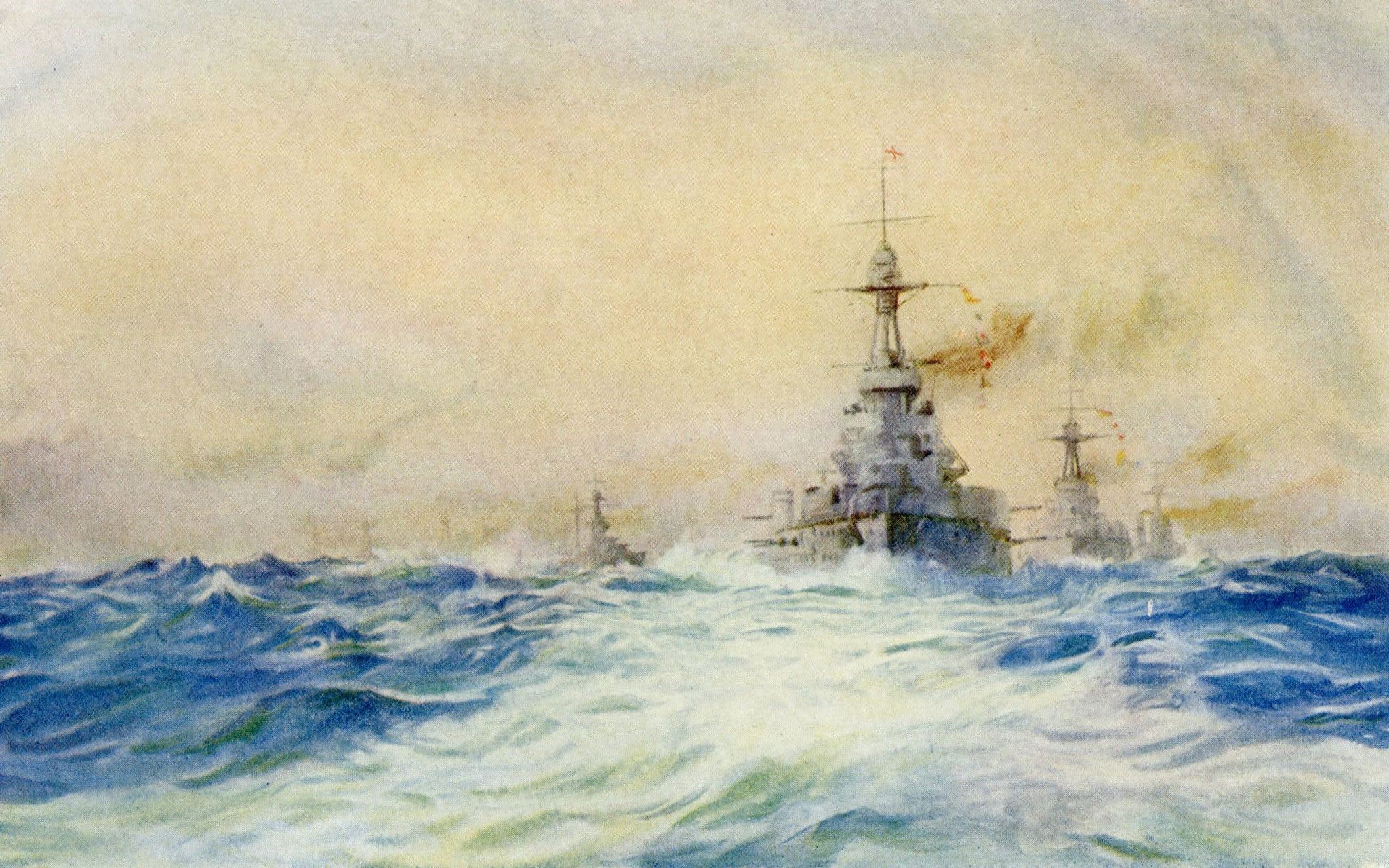 British Battleships led by HMS Iron Duke Flagship of the Grand Fleet at Battle of Jutland 31st May 1916: picture by Lionel Wyllie. To buy this picture click here