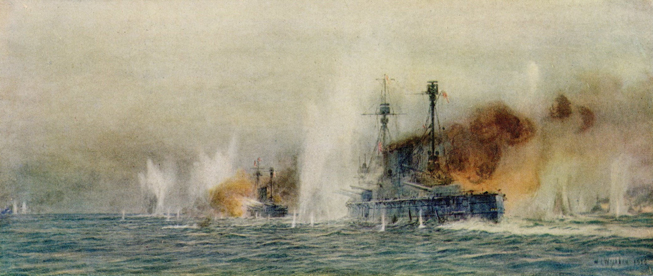 British Cruisers HMS Warrior and Defence of Admiral Arbuthnot’s 1st Cruiser Squadron in action against Hipper’s Battle Cruisers at the Battle of Jutland 31st May 1916: picture by Lionel Wyllie: to buy this picture click here