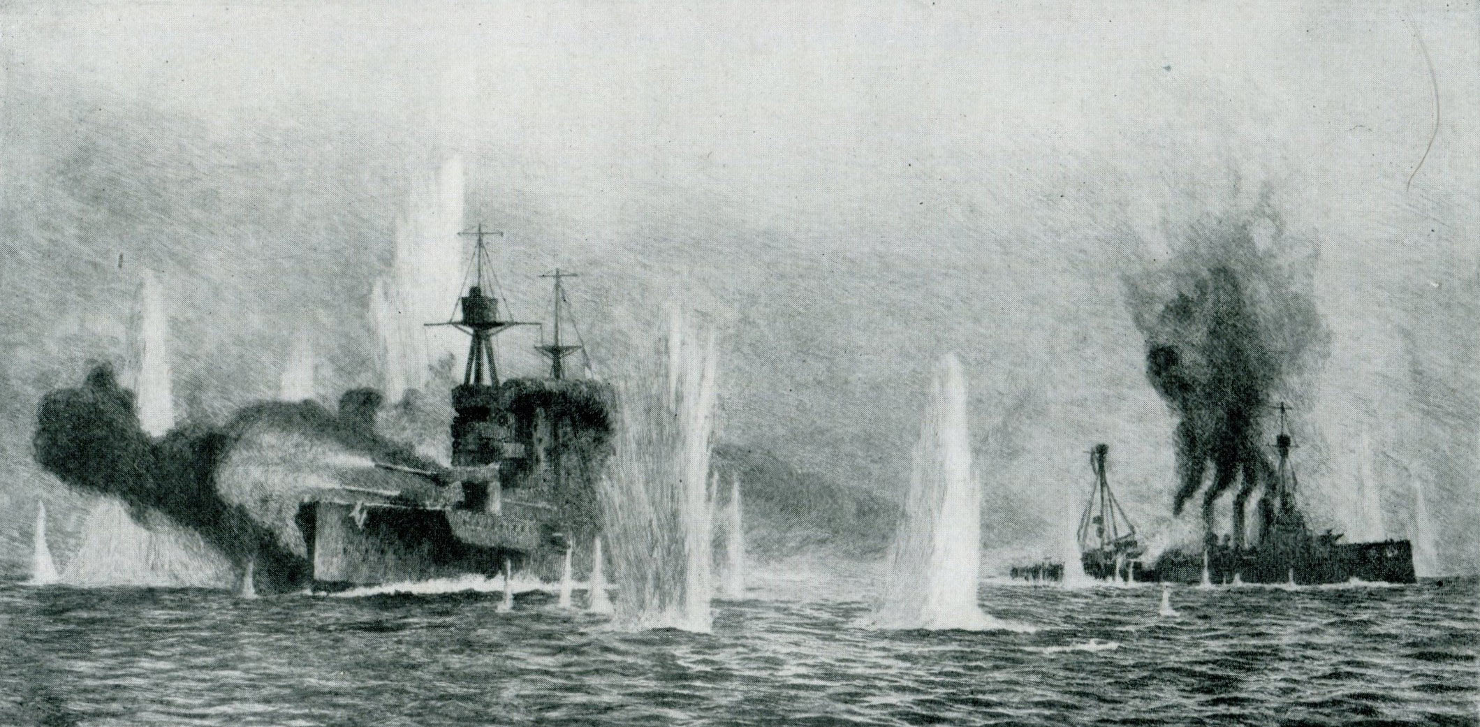 British warships HMS Warspite and Warrior in action at the Battle of Jutland 31st May 1916 after the sinking of HMS Defence: picture by Lionel Wyllie