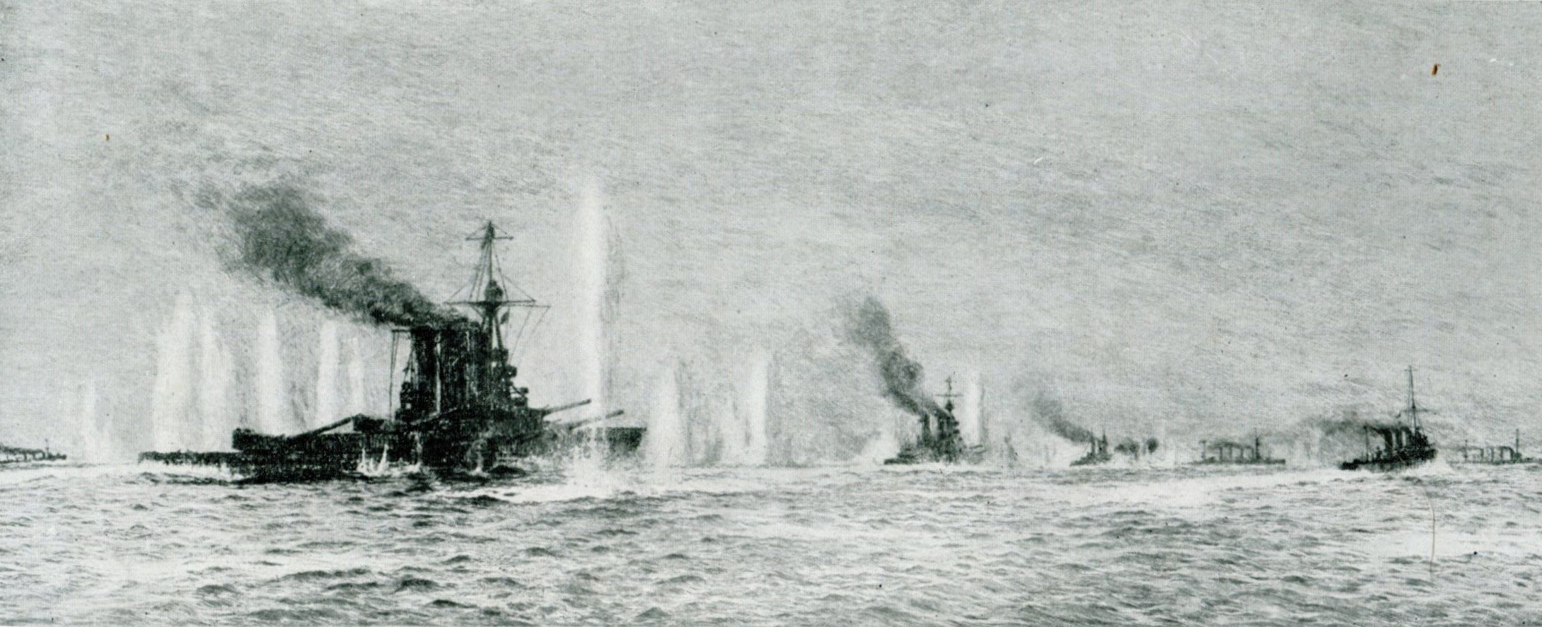 British warships HMS Tiger Princess Royal Lion Warrior and Defence in action at the Battle of Jutland 31st May 1916 shortly before Defence was sunk: picture by Lionel Wyllie