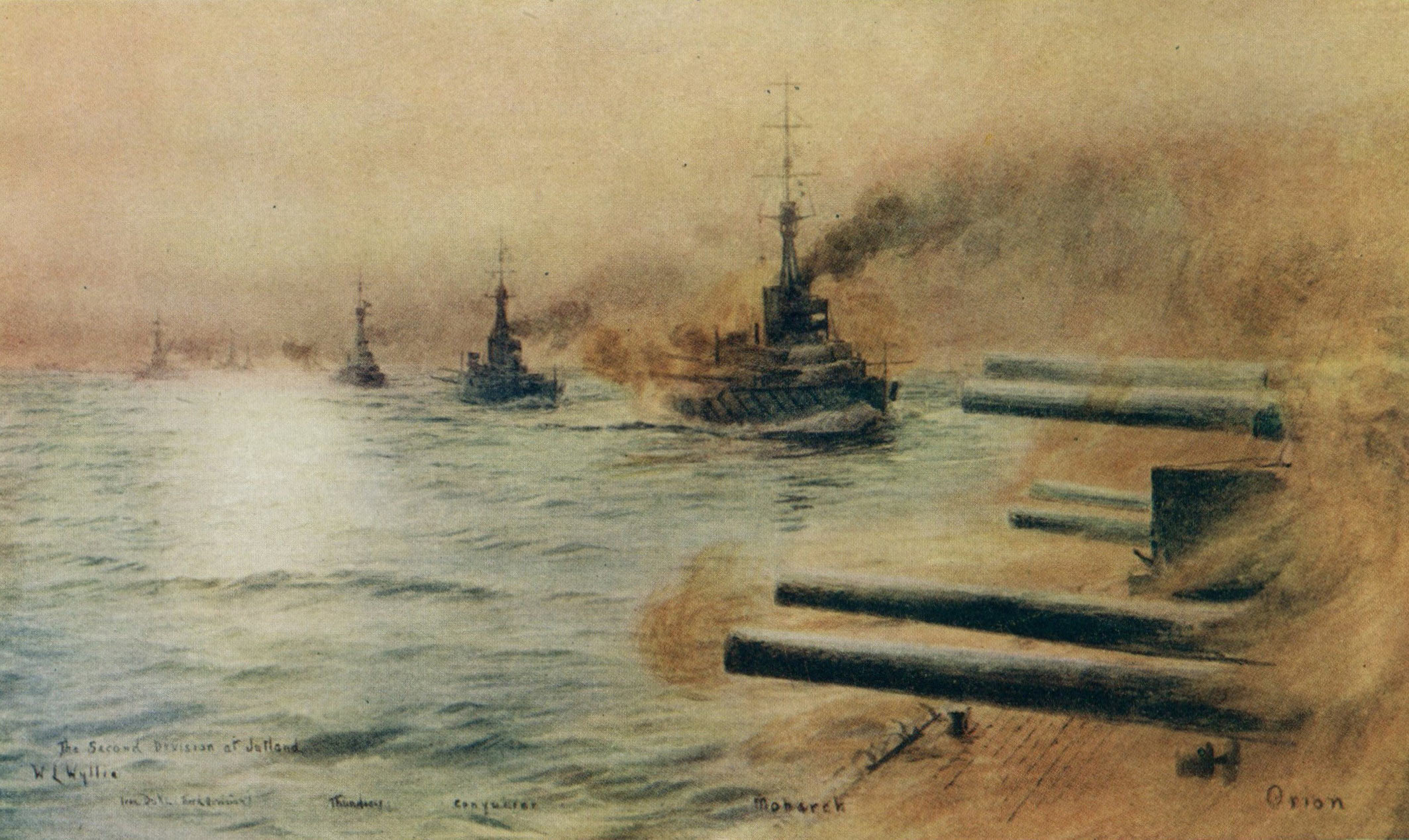 British 2nd Division of Battleships at the Battle of Jutland 31st May 1916: from the right HMS Orion Monarch Conqueror and Thunderer: picture by Lionel Wyllie: to buy this picture click here