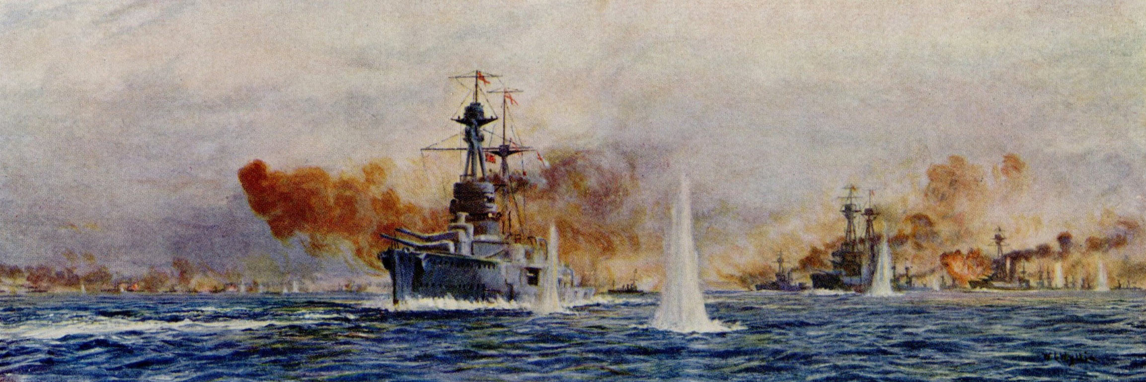 British Battleships at the Battle of Jutland 31st May 1916: HMS Royal Oak Benbow Superb and Canada: picture by Lionel Wyllie: to buy this picture click here