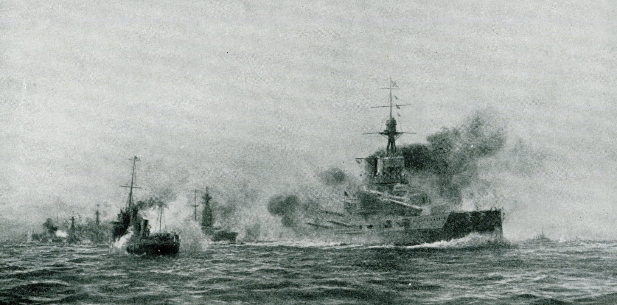 Crew of the British Destroyer HMS Acasta damaged and unable to move cheer the Commander-in-Chief Admiral Jellicoe as he passes in HMS Iron Duke at the Battle of Jutland 31st May 1916: picture by Lionel Wyllie
