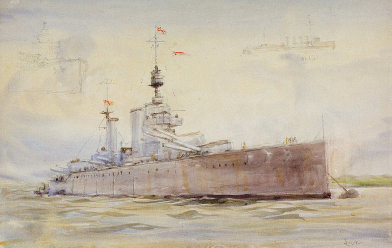 British Battle Cruiser HMS Lion. Lion was Admiral Beatty's Flagship at the Battle of Jutland 31st May 1916: picture by Lionel Wyllie: to buy a photograph of HMS Lion click here
