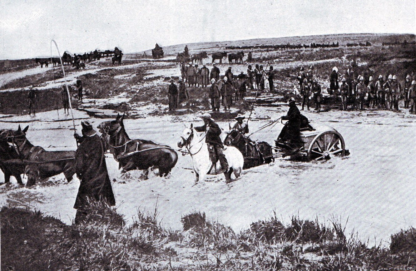 British mule drawn ammunition cart crossing a drift