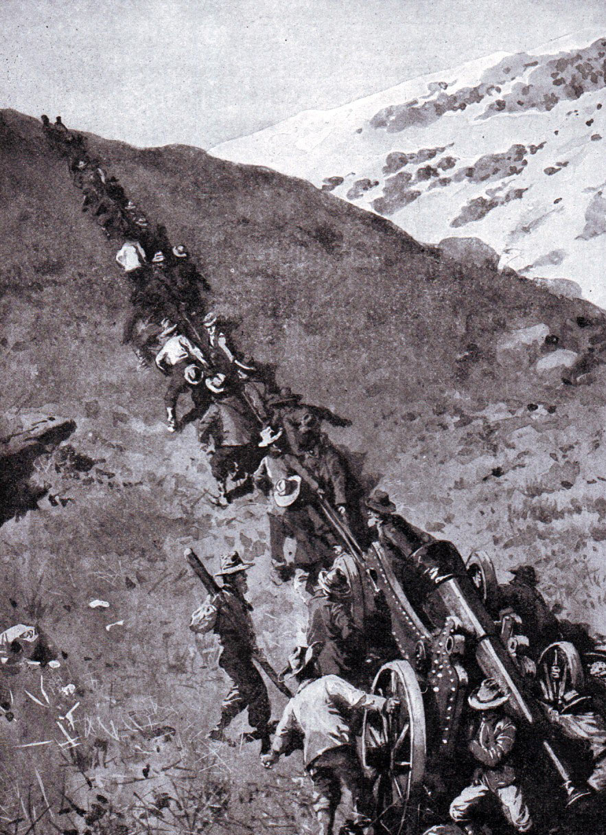 Boers hauling a heavy gun up a mountain