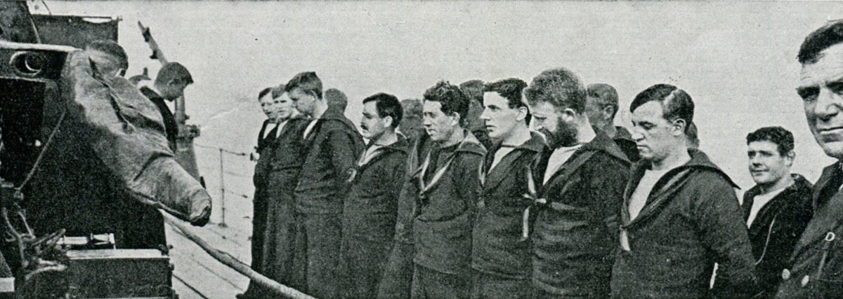 Members of the crew of HMS Shark before the Battle of Jutland on 31st May 1916. Probably none of the men in the photograph survived the battle.