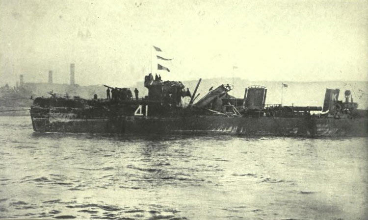 HMS Spitfire entering the Tyne on 2nd June 1916 showing the damage suffered in her collision with the German ship