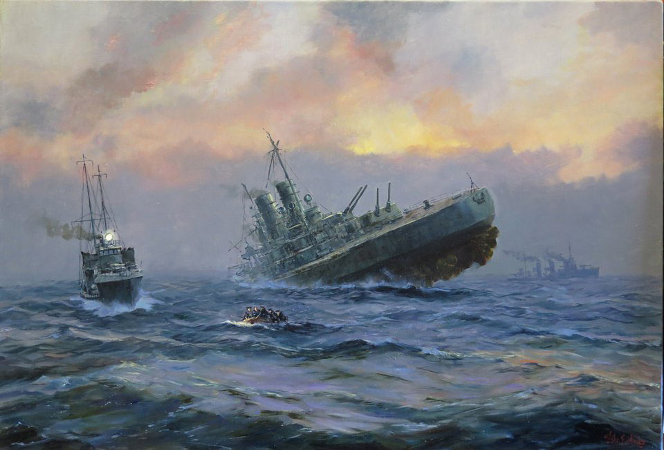 German Battle Cruiser SMS Lutzow sinking after being scuttled by a torpedo fired from a German vessel at the Battle of Jutland on 31st May 1916: picture by Moller