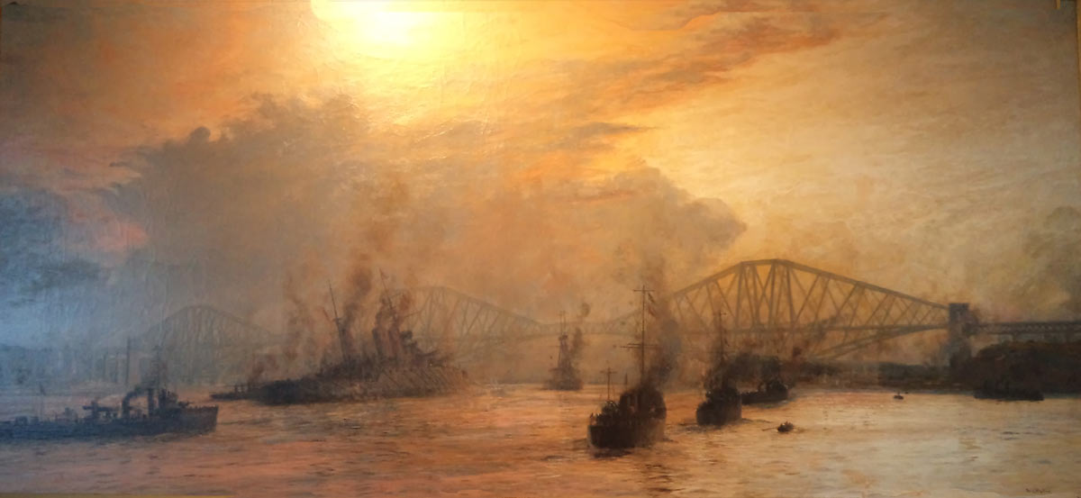 ‘Wounded Lion’ by Lionel Wyllie. The British Batttle Cruiser HMS Lion, Flagship of Admiral Beatty, lies in the Firth of Forth after the Battle of Jutland on 31st May 1916, the Forth Railway Bridge in the background