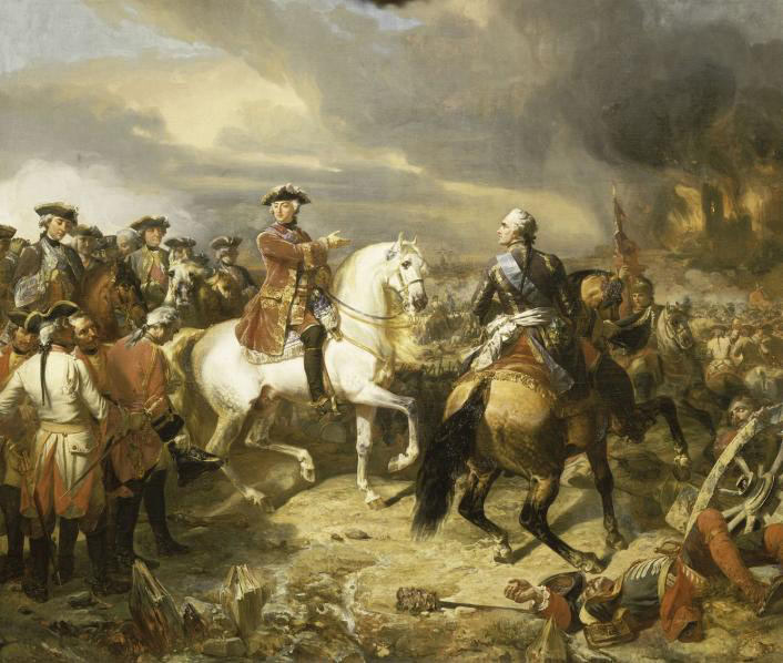 The captured General Sir John Ligonier (left on foot) is brought before Marshal Maurice de Saxe and King Louis XV of France at the end of the Battle of Lauffeldt 21st June 1747 in the War of the Austrian Succession: picture by August Couder