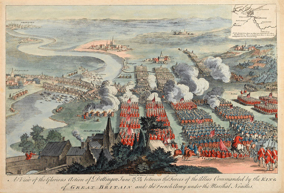 Battle of Dettingen fought on 27th June 1743 in the War of the Austrian Succession: The River Main is on the left: the French army can be seen crossing the bridges and swimming the river: Segligenstadt is on the extreme left with Hanau in the left middle distance. Klein Ostheim lies in the left foreground. Dettingen lies in the left lower middle above Klein Ostheim. On the right are the Spessart Hills.