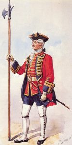 Sergeant 1st Foot Guards: Battle of Lauffeldt 21st June 1747 in the War of the Austrian Succession: picture by Richard Simkin