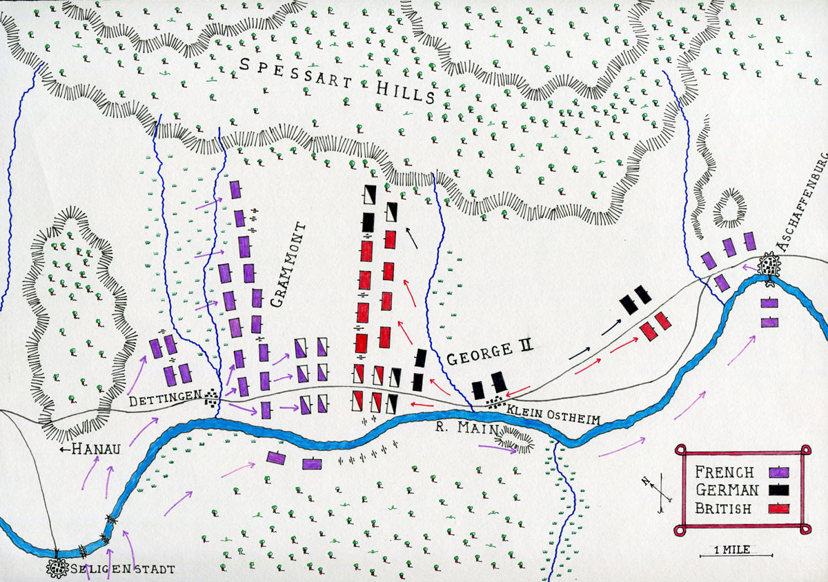 Map of the Battle of Dettingen fought on 27th June 1743 in the War of the Austrian Succession: map by John Fawkes