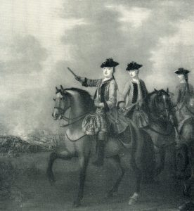 Duke of Cumberland at the Battle of Lauffeldt 21st June 1747 in the War of the Austrian Succession: General Sir John Ligonier is on the right with Lord Henry Campbell in the centre