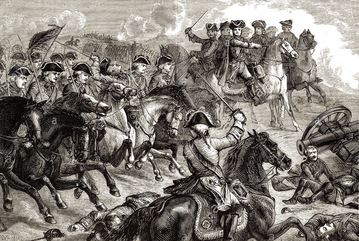King George II at the Battle of Dettingen on 27th June 1743 in the War of the Austrian Succession as his Horse Guards charge the French Maison du Roi: click here to buy this picture