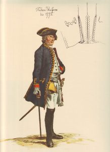 Prussian Infantry Regiment von Kalnein No 4: picture by Adolph Menzel as part of his series of pictures ‘Die Armee Friedrichs des Grossen in ihrer Uniformierung’
