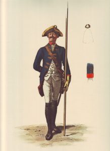 Prussian Infantry Regiment von Below No 11: picture by Adolph Menzel as part of his series of pictures ‘Die Armee Friedrichs des Grossen in ihrer Uniformierung’