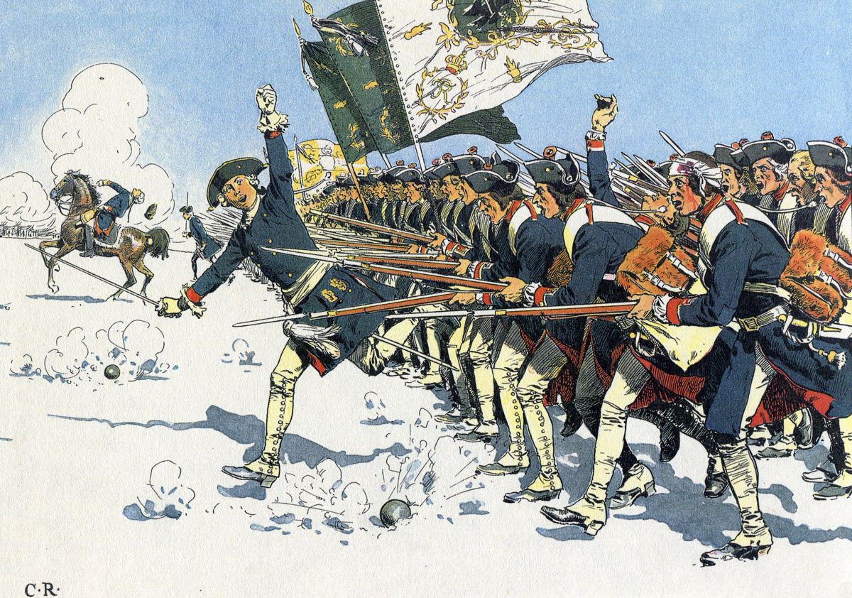 The Prussian infantry assault at the Battle of Mollwitz on 10th April 1741: picture by Carl Röchling: click here to buy this picture