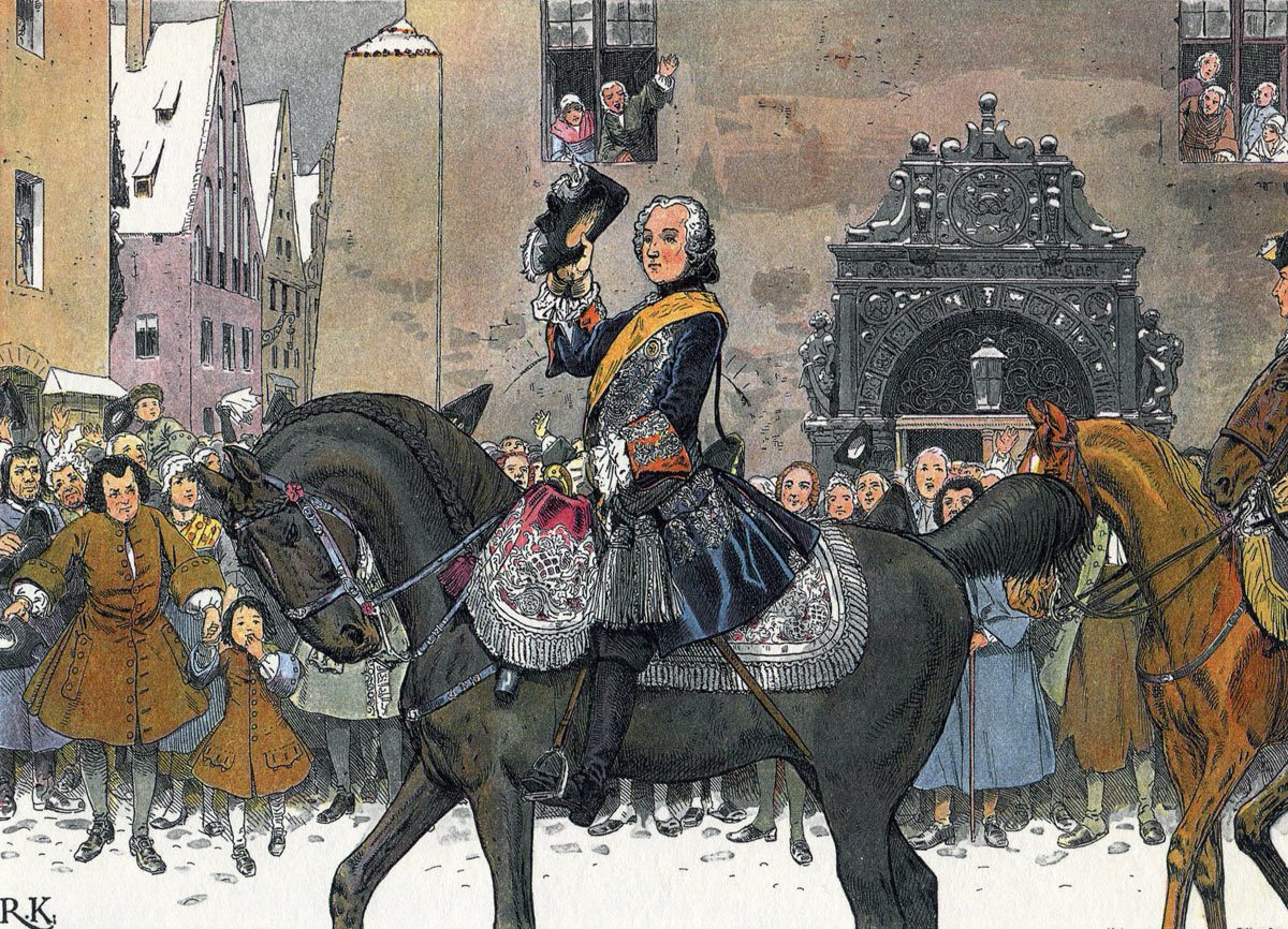 Frederick II King of Prussia enters Breslau, the capital city of Silesia after the Battle of Mollwitz on 10th April 1741: picture by Richard Knötel: click here to buy this picture