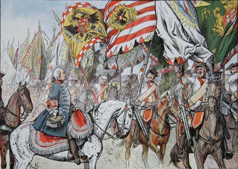 The Bayreuth Dragoons parade captured Austrian colours before Frederick the Great after the Battle of Hohenfriedberg 4th June 1745: Picture by Richard Knötel: click here to buy this picture