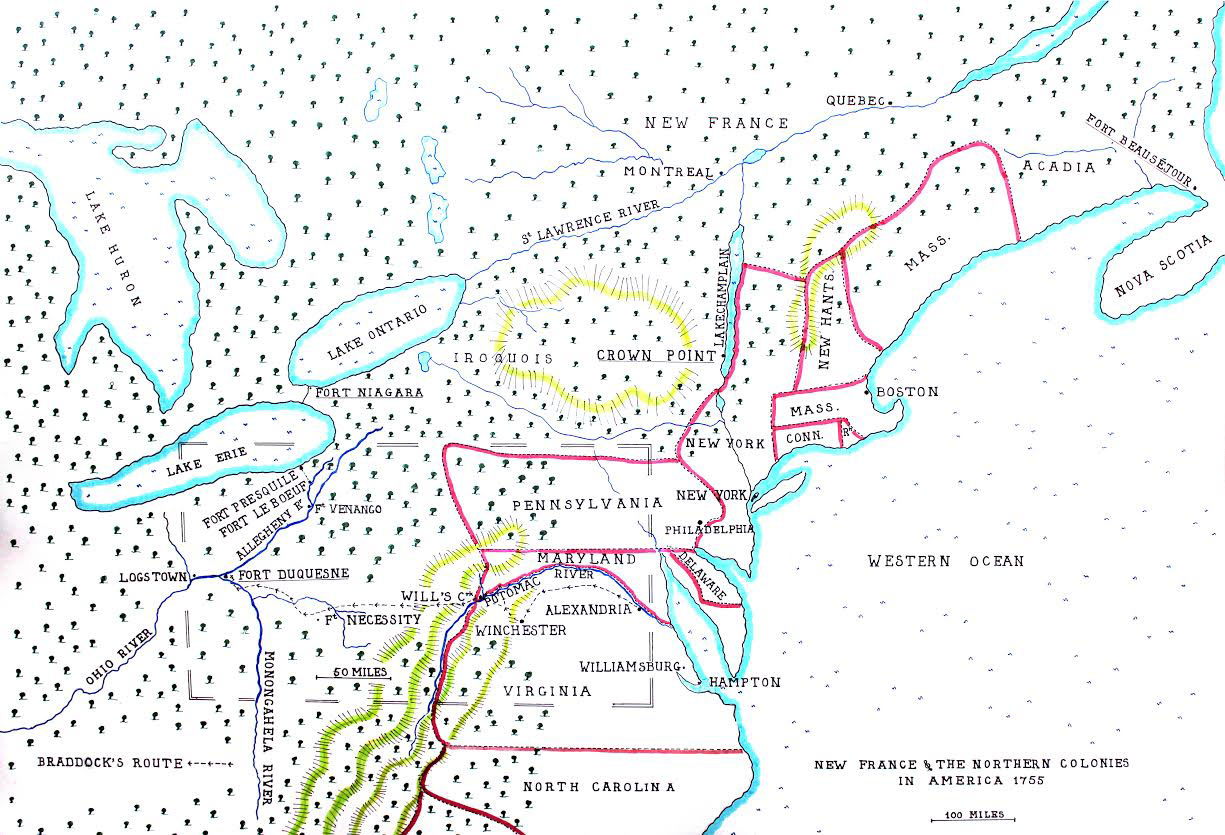 Map of the North American Colonies in 1755 showing the four intended targets for the British offensive operation: Fort Duquesne, Fort Niagara, Crown Point and Fort Beausejour: map by John Fawkes