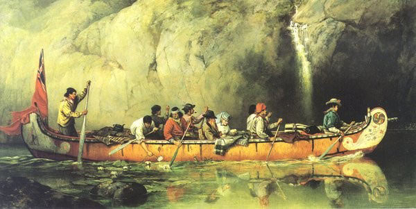 French 'voyageurs' and Native Americans navigating a North American river by canoe