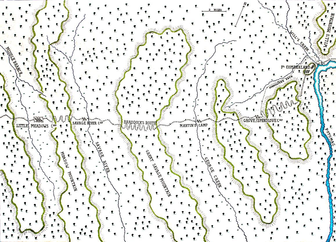The route of General Braddock’s army from Fort Cumberland at Will’s Creek to Little Meadows in May and June 1755
