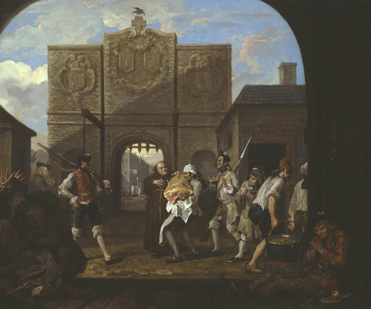 William Hogarth’s picture “The Roast Beef of Old England”, painted in 1748, shows the gates of the French port of Calais. In the bottom right corner is a Scottish clansman, a fugitive from the Jacobite ’45 Rebellion of Prince Charles Edward Stuart. The clansman is identified by his tartan garb and the white Jacobite cockade in his bonnet. The picture combines actuality with allegory. The lurking Jacobite no doubt was in evidence when Hogarth went on his sketching trip to Calais, but also represents the national fear of a renewed Jacobite insurgency launched from the continent of Europe: click here to buy this picture