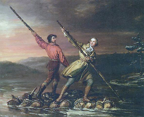 George Washington and Christopher Gist returning from their mission to Fort LeBoeuf on a raft down the Allegheny River in January 1754 (Gist at the back):picture by Daniel Huntington. The figure at the front is George Washington.