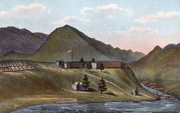 Fort Cumberland in 1755 (mistakenly given a USA Flag): the Potomac is in the foreground with Will’s Creek on the right