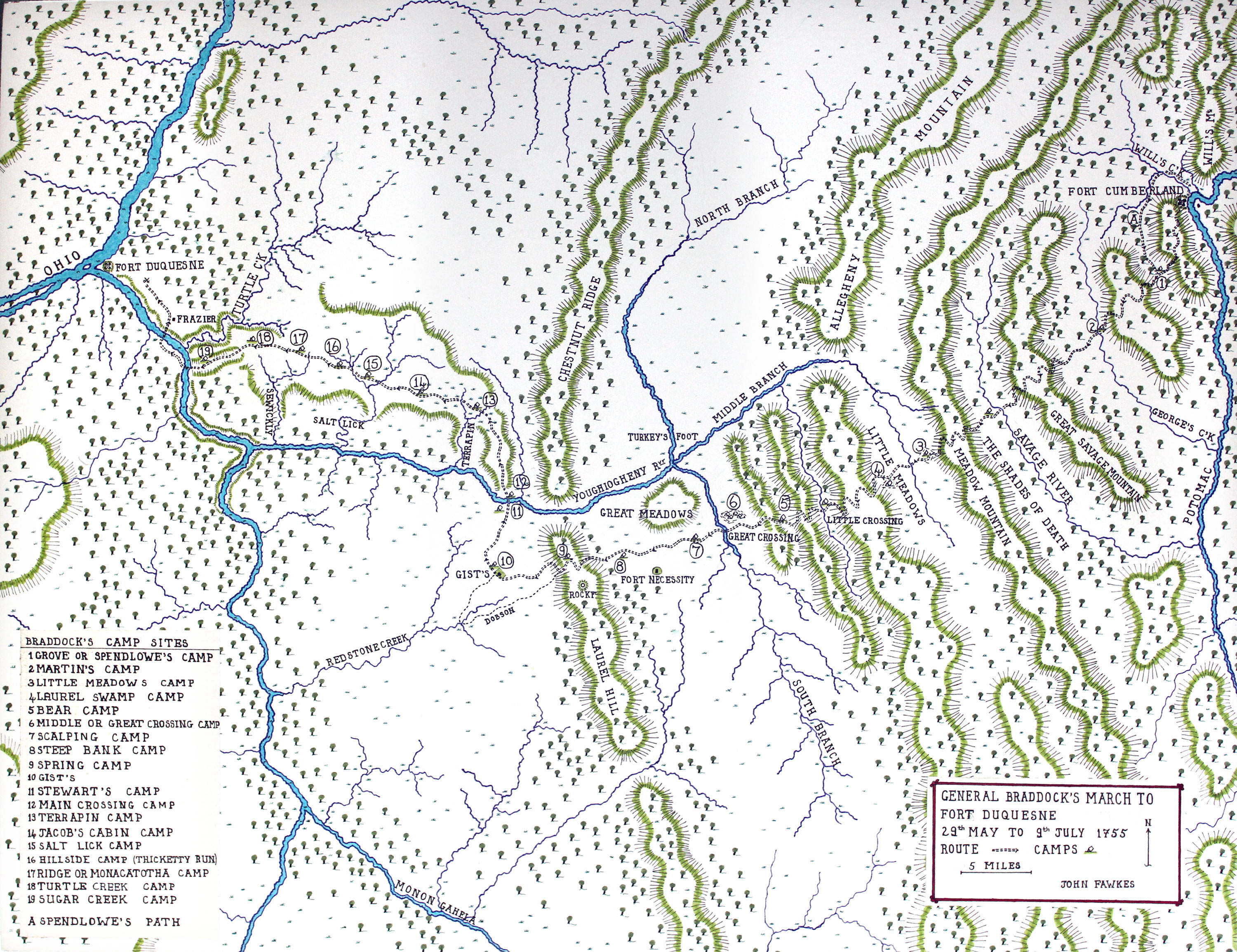 Map of General Braddock’s march from Fort Cumberland to Terrapin Camp on his way to Fort Duquesne on the Monongahela River, May to July 1755, showing A Spendlow’s Path and camps at 1 Grove 2 Martin’s 3 Little Meadows 4 Laurel 5 Bear 6 Great Crossing 7 Scalping 8 Steep Bank 9 Spring 10 Gist’s 11 Stewart’s 12 Main Crossing 13 Terrapin 14 Jacob’s 15 Salt Lick 16 Hillside 17 Ride 18 Turtle 19 Sugar: Map by John Fawkes