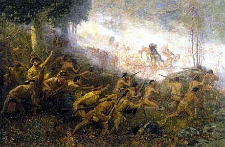 Braddock falls shot while George Washington attempts to assist him