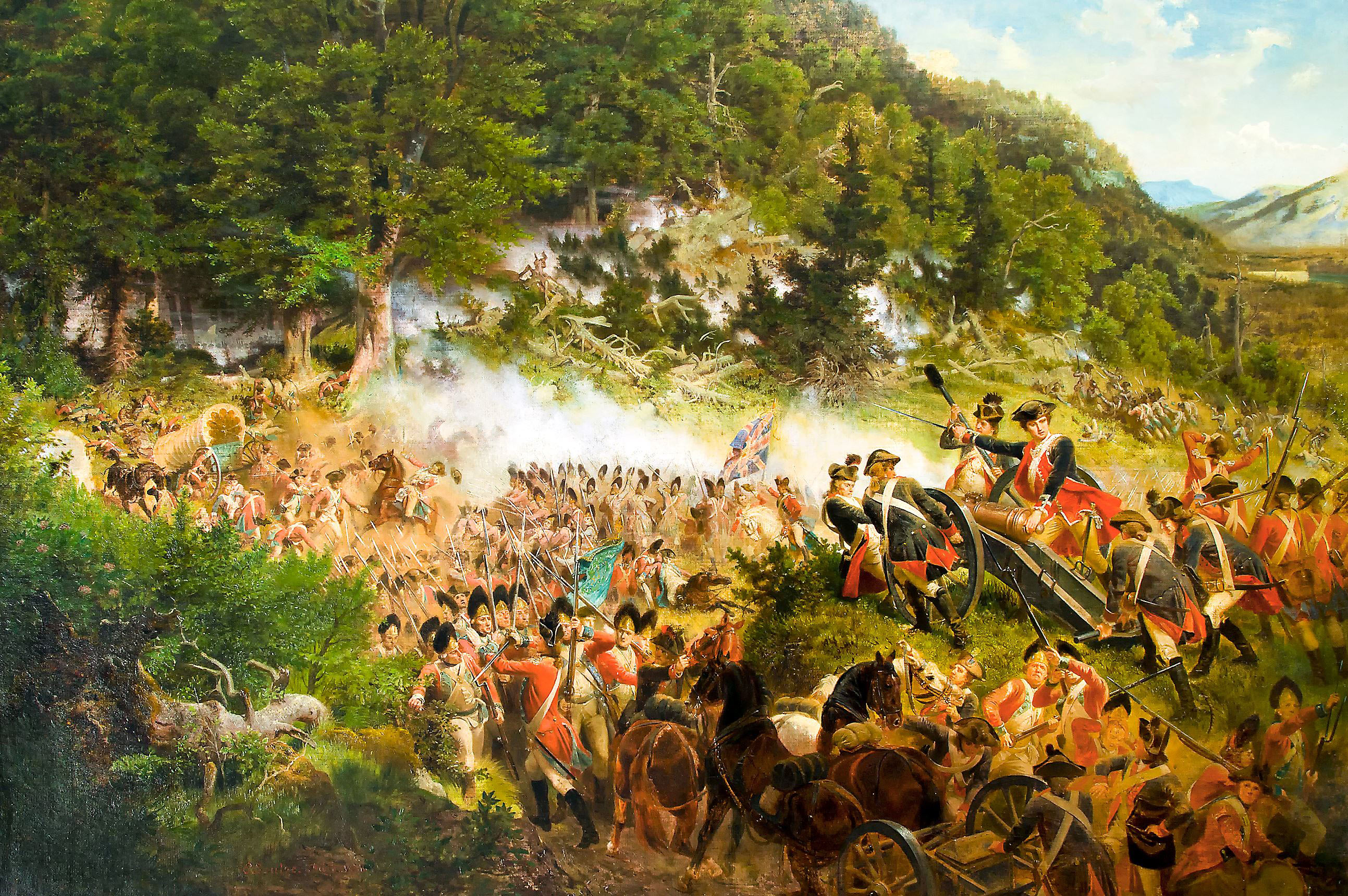 Emanuel Leutze's “Washington at the Battle of the Monongahela.” The British troops portrayed are wearing Revolutionary War uniforms.