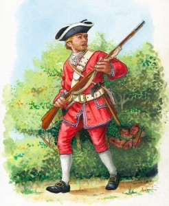 A soldier of the 48th Foot on the march to Fort DuQuesne in Western Pennsylvania. The British soldiers left their uniform coats in Alexandria and marched in their waistcoats. (Illustration by Mark Dennis of Petaluma and St Andrews).