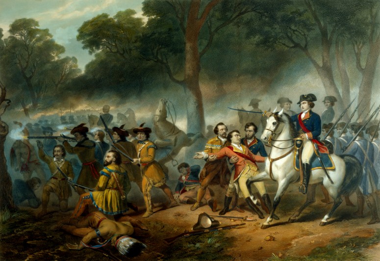 An idealised picture 'Washington at the Battle of the Monongahela'. No British officer or soldiers are shown.