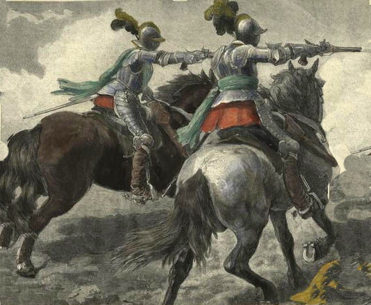 Sir Arthur Hesilrige's Cuirassiers, known as 'Hesilrige's Lobsters'. Hesilrige's 'Lobsters' were driven off the field at the Battle of Roundway Down on 13th July 1643 by Wilmot's Royalist Horse.