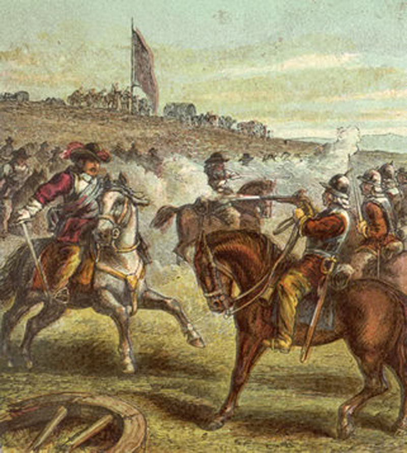 Lord Wilmot’s horse (left) attacks Sir Arthur Hesilrige’s ‘Lobsters’ (right) at the Battle of Roundway Down on 13th July 1643 during the English Civil War