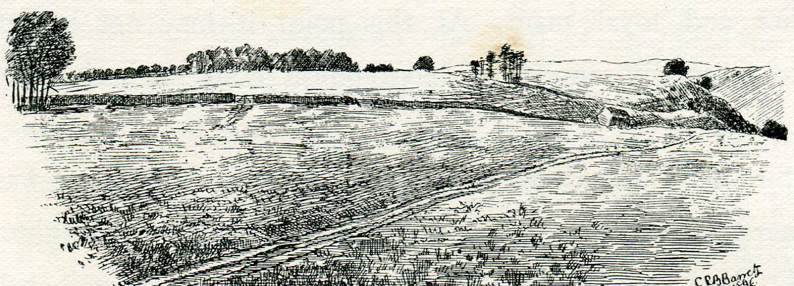 Top of Lansdown Hill from behind the Parliamentary position at the Battle of Lansdown Hill on 5th July 1643 during the English Civil War: sketch by C.R.B. Barrett