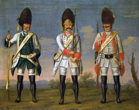 Grenadiers of the Austrian infantry regiments 'Los Rios', 'Waldeck' and 'Wurmbrand': picture by David Morier