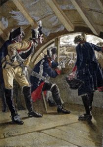 King Frederick II of Prussia watches the advancing enemy from the attic of the inn in Rossbach at the Battle of Rossbach