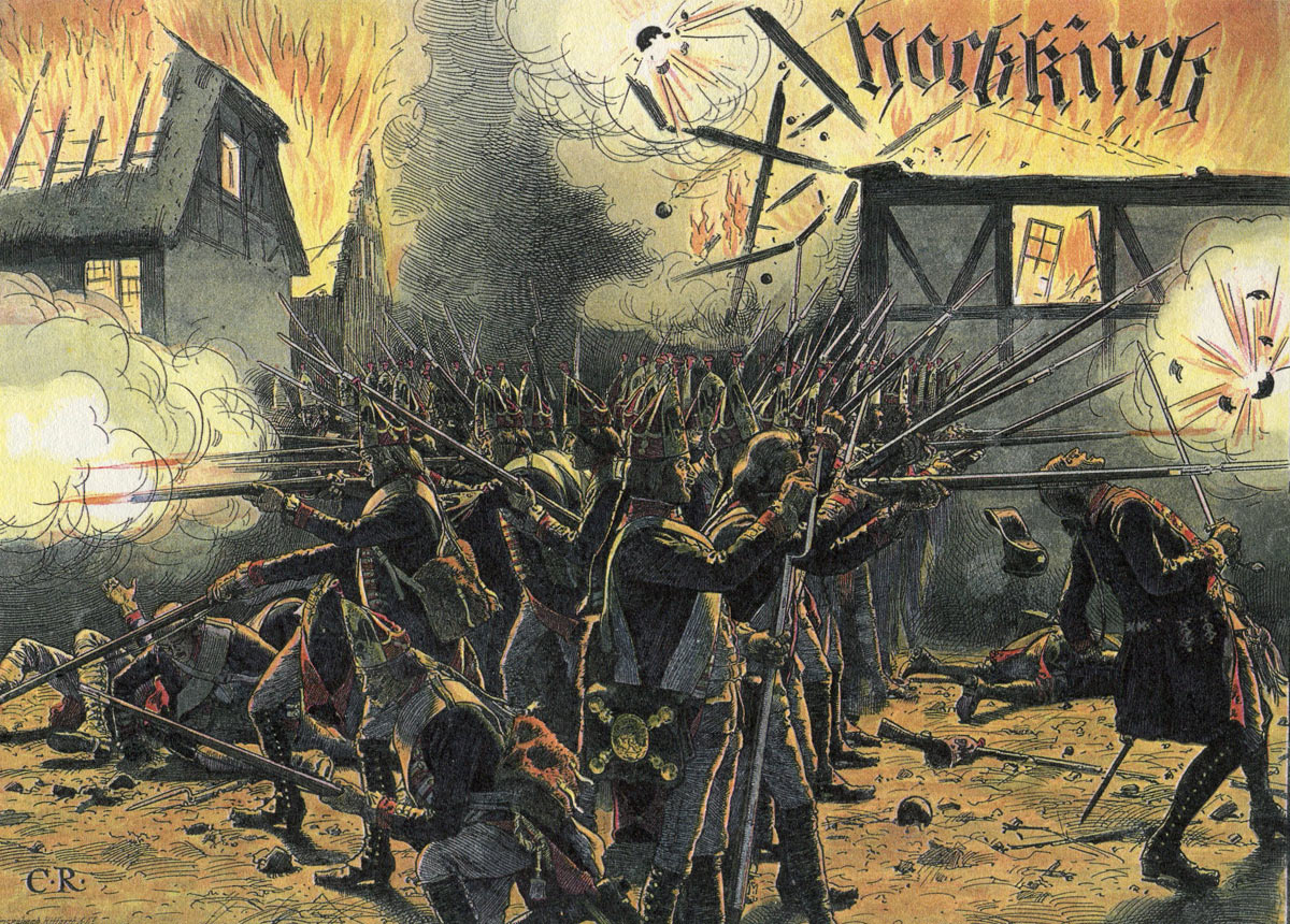 The Prussian infantry at the Battle of Hochkirch 14th October 1758: picture by Carl Röhling: click here to buy this picture