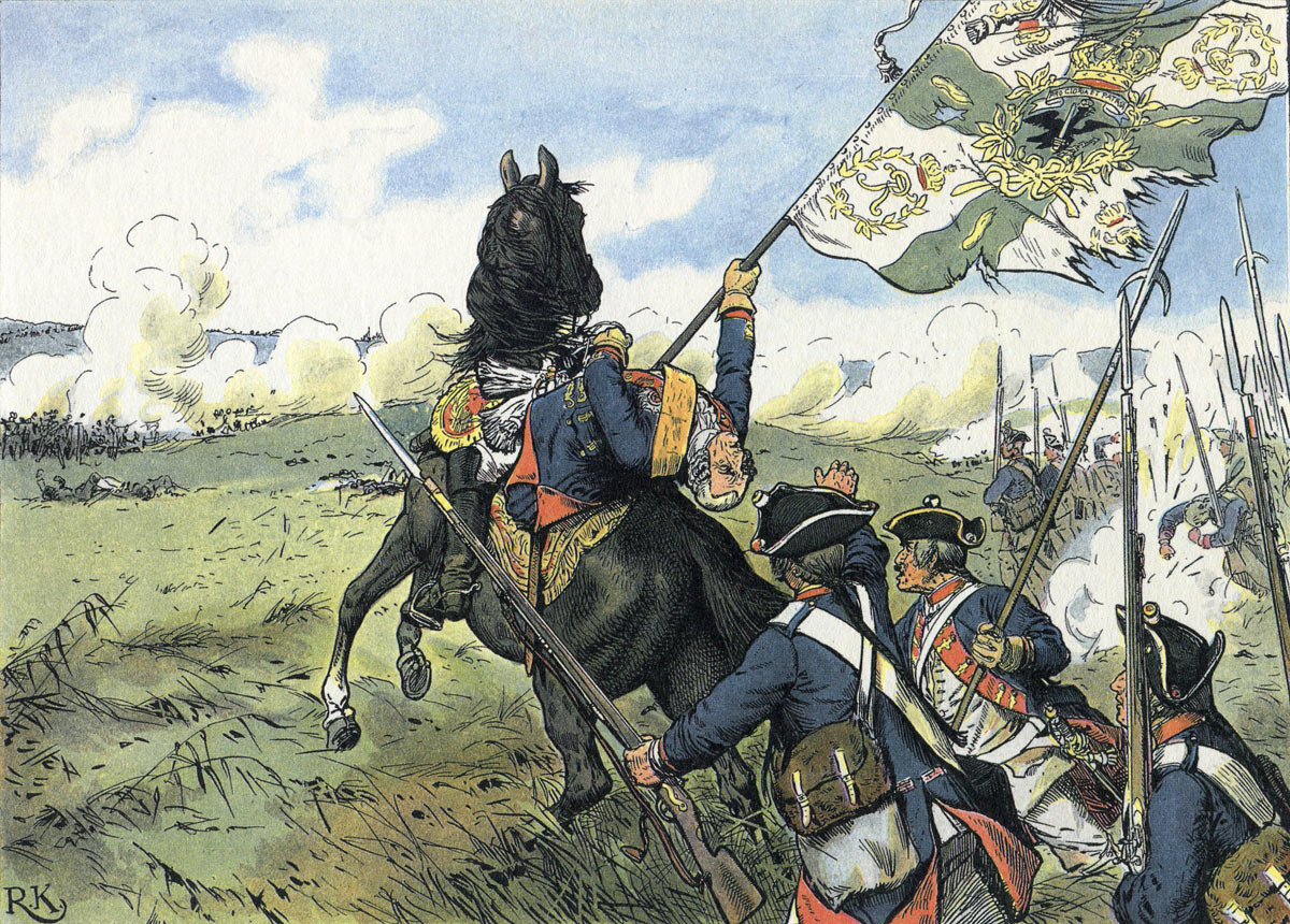 Field Marshal Schwerin killed while leading his own regiment into the attack at the Battle of Prague 6th May 1757 , after seizing the regimental colours: picture by Richard Knötel: click here to buy this picture