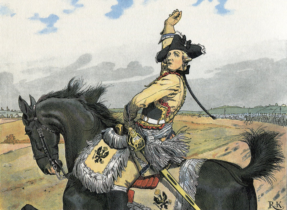 Major General von Seydlitz throws his pipe in the air as he leads his Prussian cavalry to the attack at the Battle of Rossbach on 5th November 1757: picture by Richard Knötel: click here to buy this picture