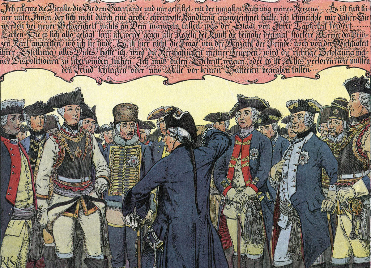 The Parchwitz Address by Frederick the Great to his generals before the march to the Battle of Leuthen 5th December 1757 in the Seven Years War: picture by Richard Knötel: click here to buy this picture