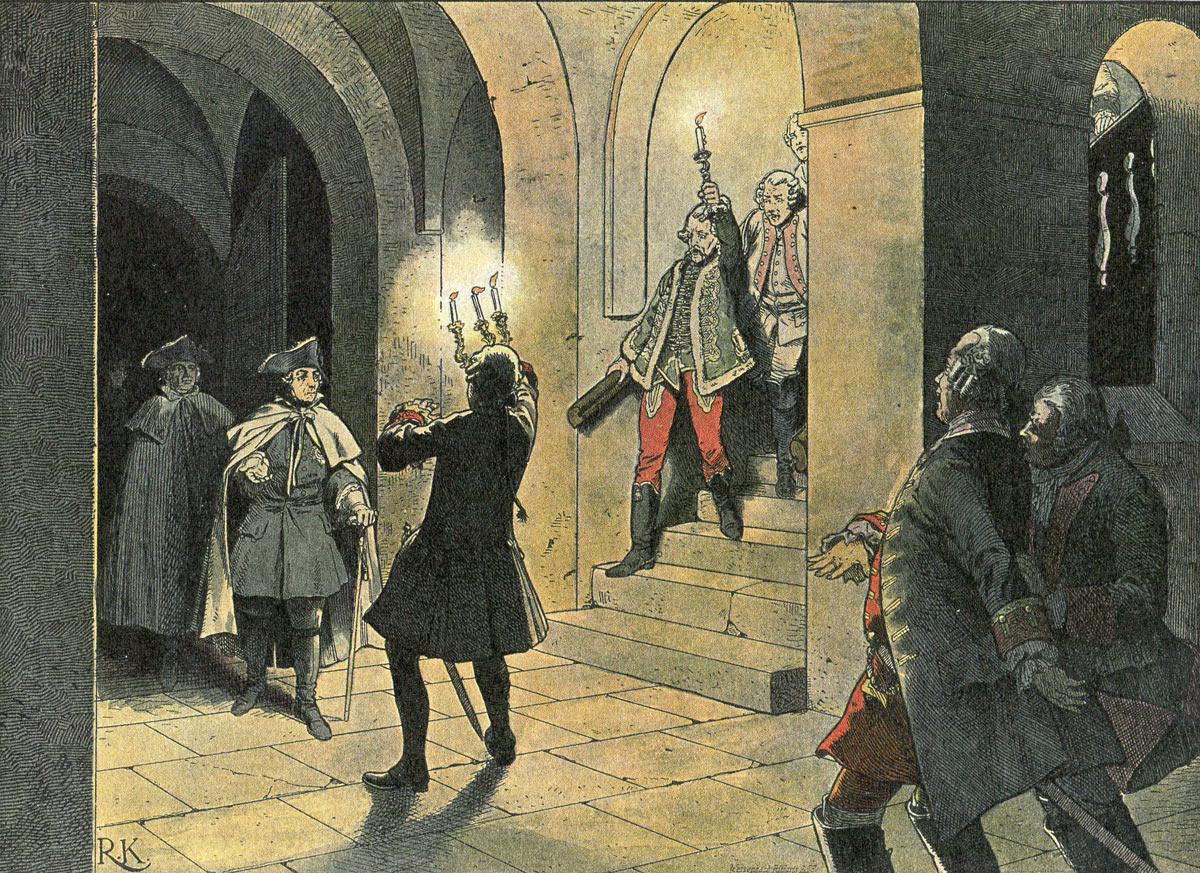 Frederick the Great arriving at the Schloss von Lissa after the Battle of Leuthen 5th December 1757 in the Seven Years War: picture by Richard Knötel: click here to buy this picture