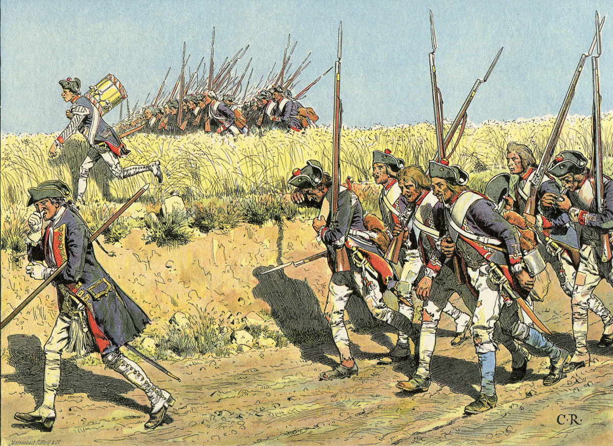 Prussian infantry advancing to meet the Russian Army before the Battle of Zorndorf 25th August 1758 in the Seven Years War: picture by Carl Röhling: click here to buy this picture